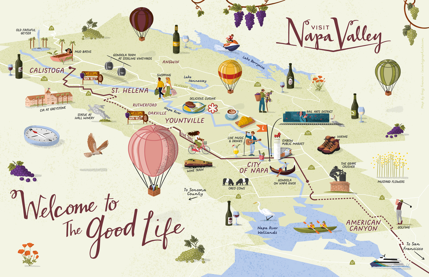 Horizontal illustrated map of Napa Valley showing points of interest and activities in the area