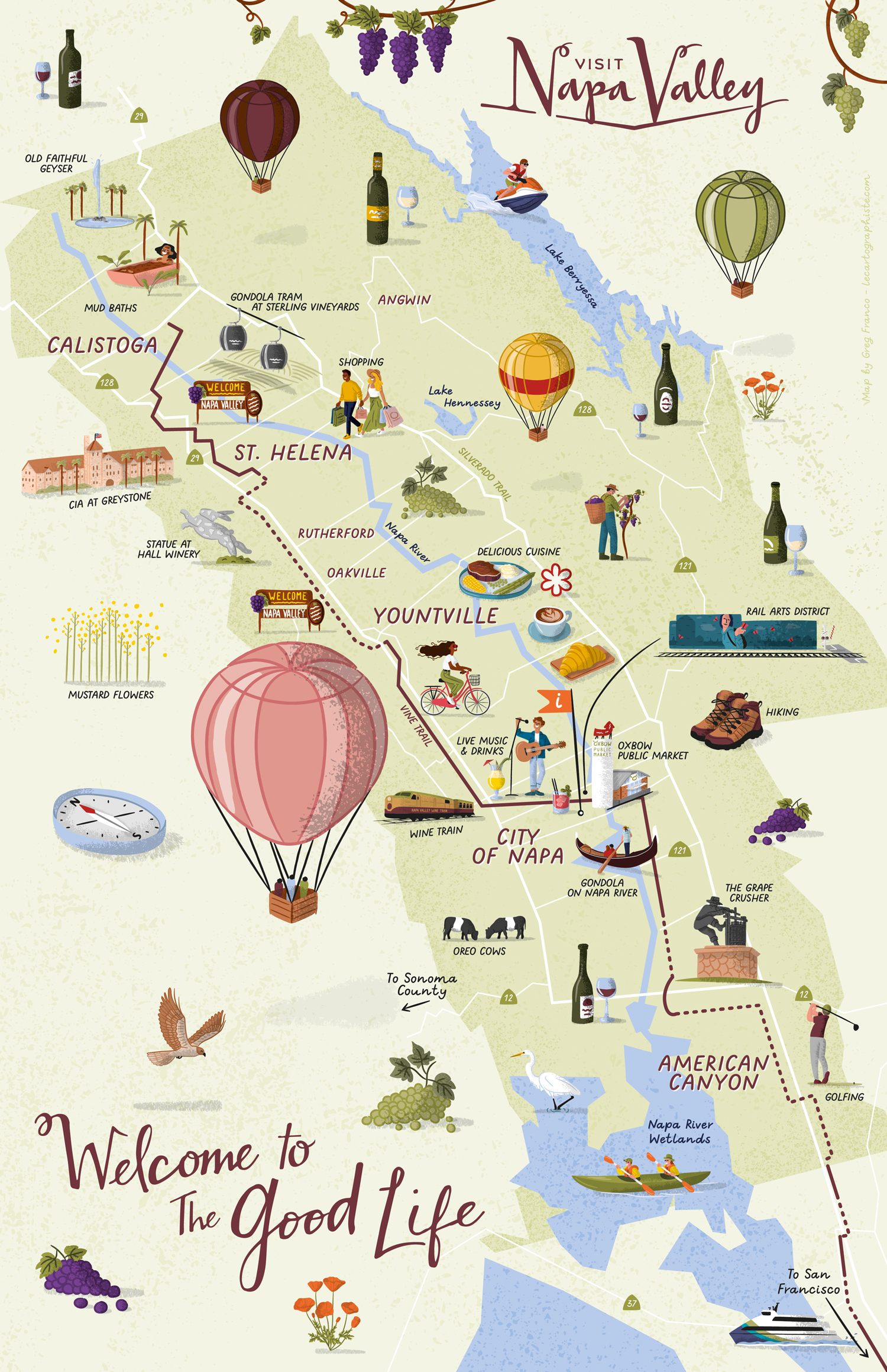 Vertical illustrated map of the entire Napa Valley showing landmarks, attractions and the general atmosphere of the area