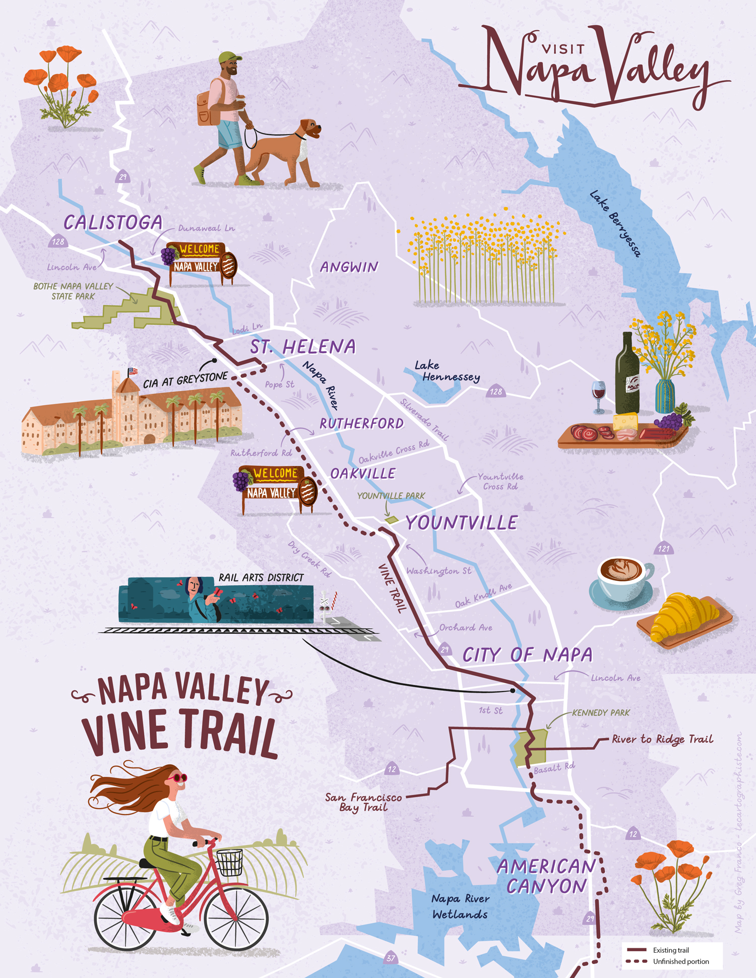 Vertical illustrated map of the Vine Trail in Napa Valley