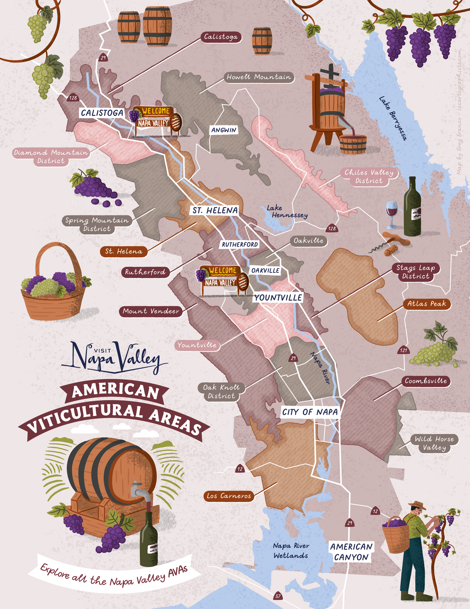 Verticla map of the different American Viticultural Areas of Napa Valley