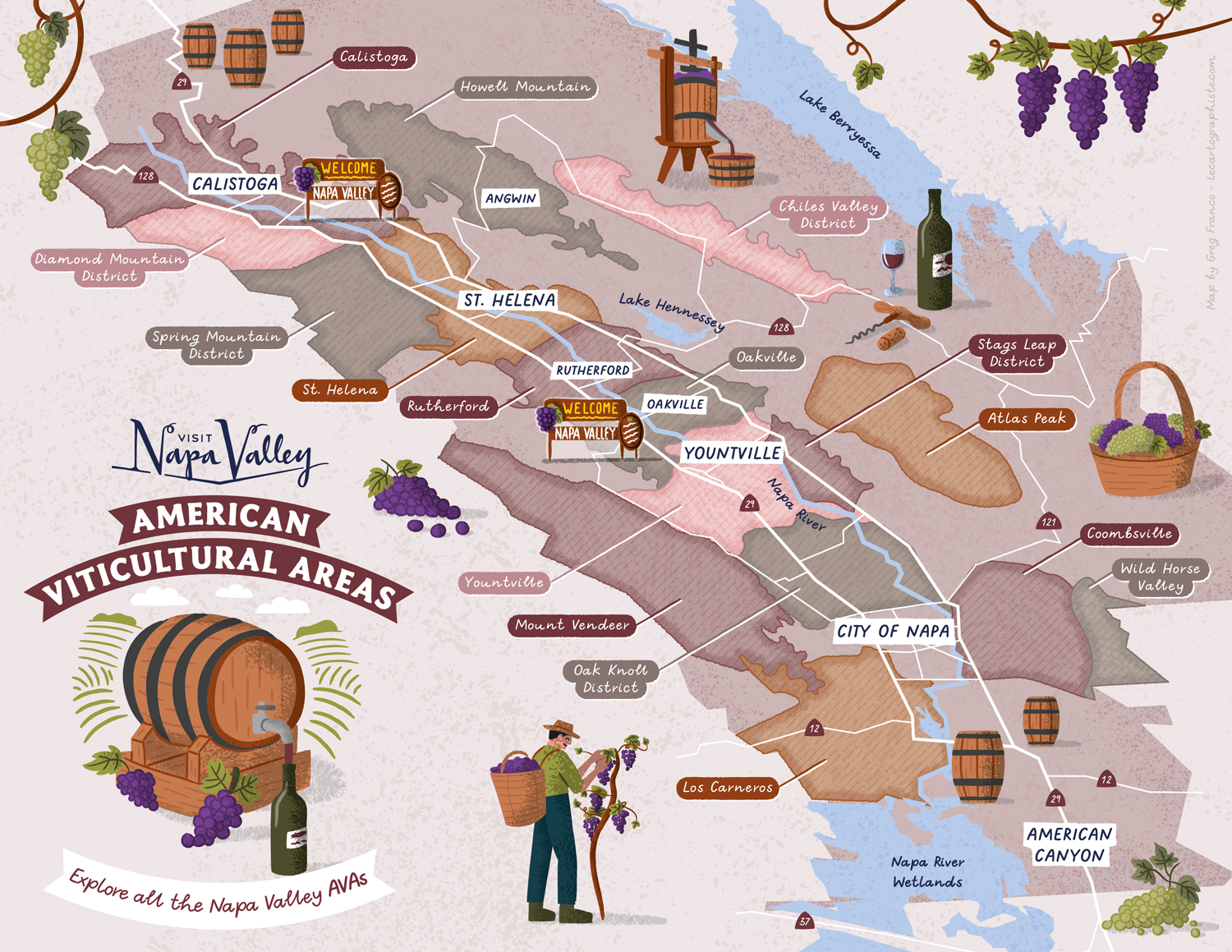 Horizontal illustrated map showing all the appellations within Napa Valley