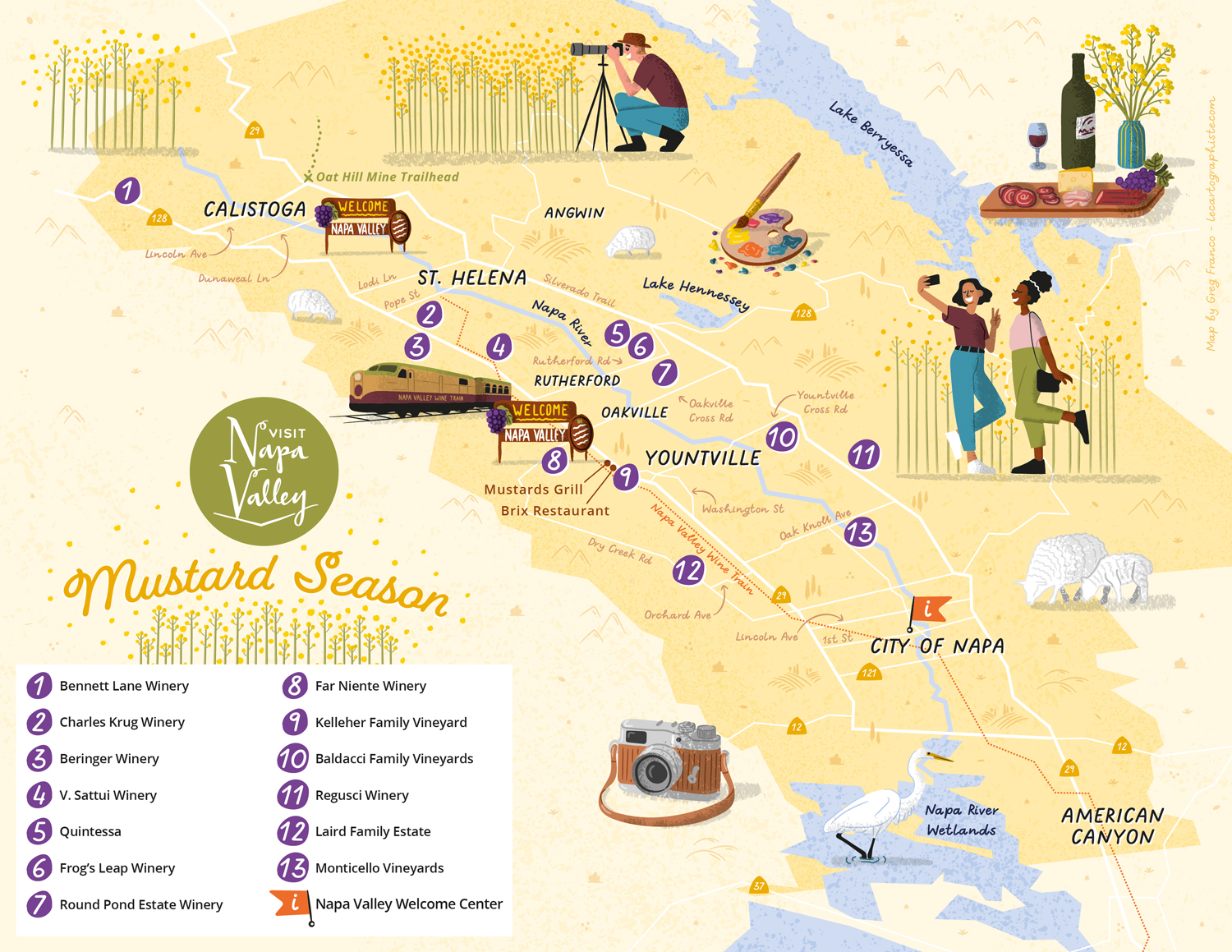 Horizontal illustrated map showing the best spots to experience the blooming mustard season in Napa Valley