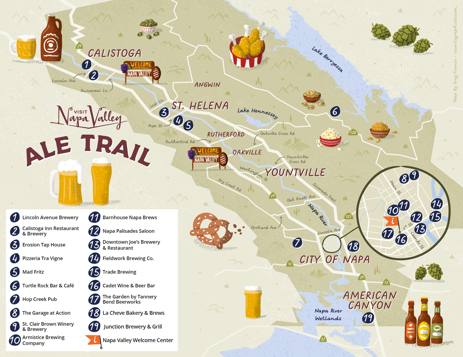 Illustrated map for the Ale Trail in Napa Valley indicating where to enjoy the best craft beer in the valley!