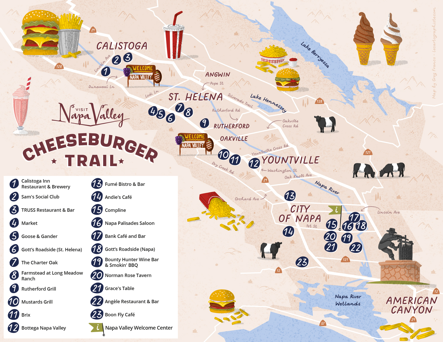 Illustrated map for the Cheesburger Trail in Napa Valley indicating where to have the best burgers in the valley!