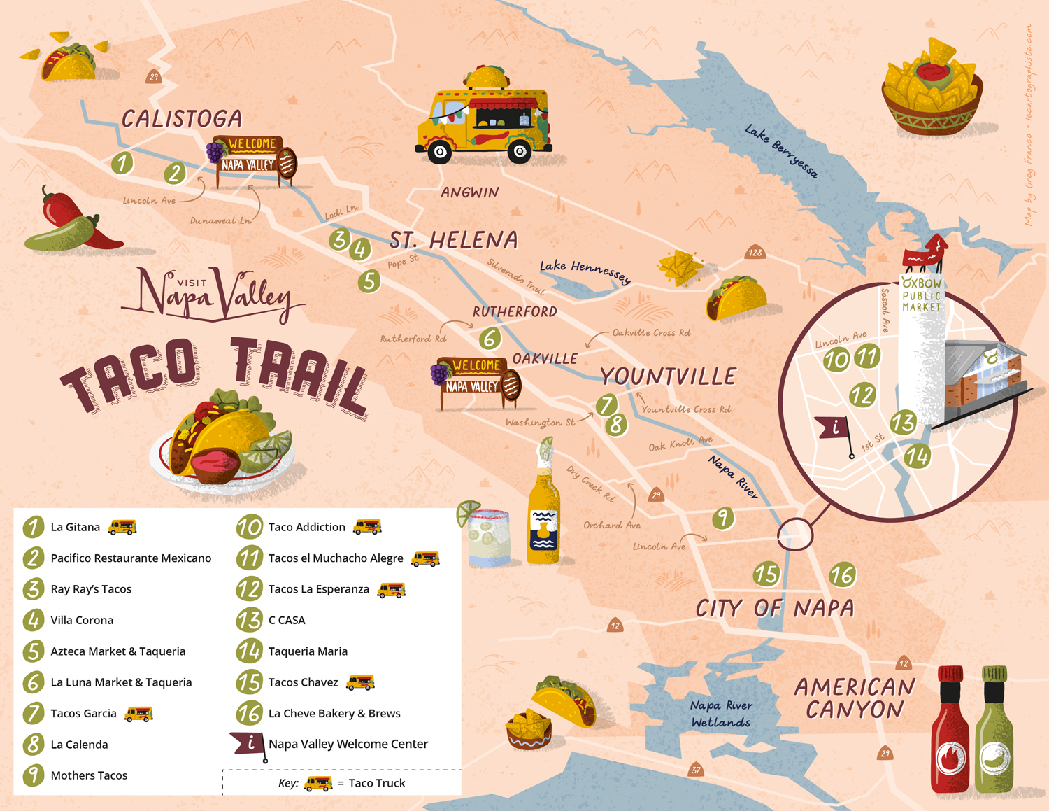 Illustrated map for the Taco Trail in Napa Valley indicating restaurants and food trucks to enjoy the best Mexican food in the valley!