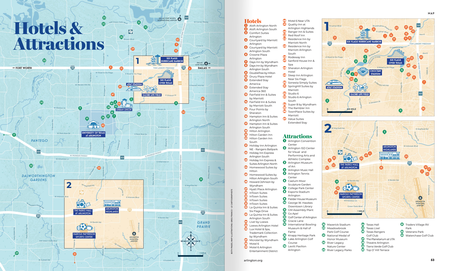 Arlington, Texas 2025 Visitors Guide featuring the three Arlington maps