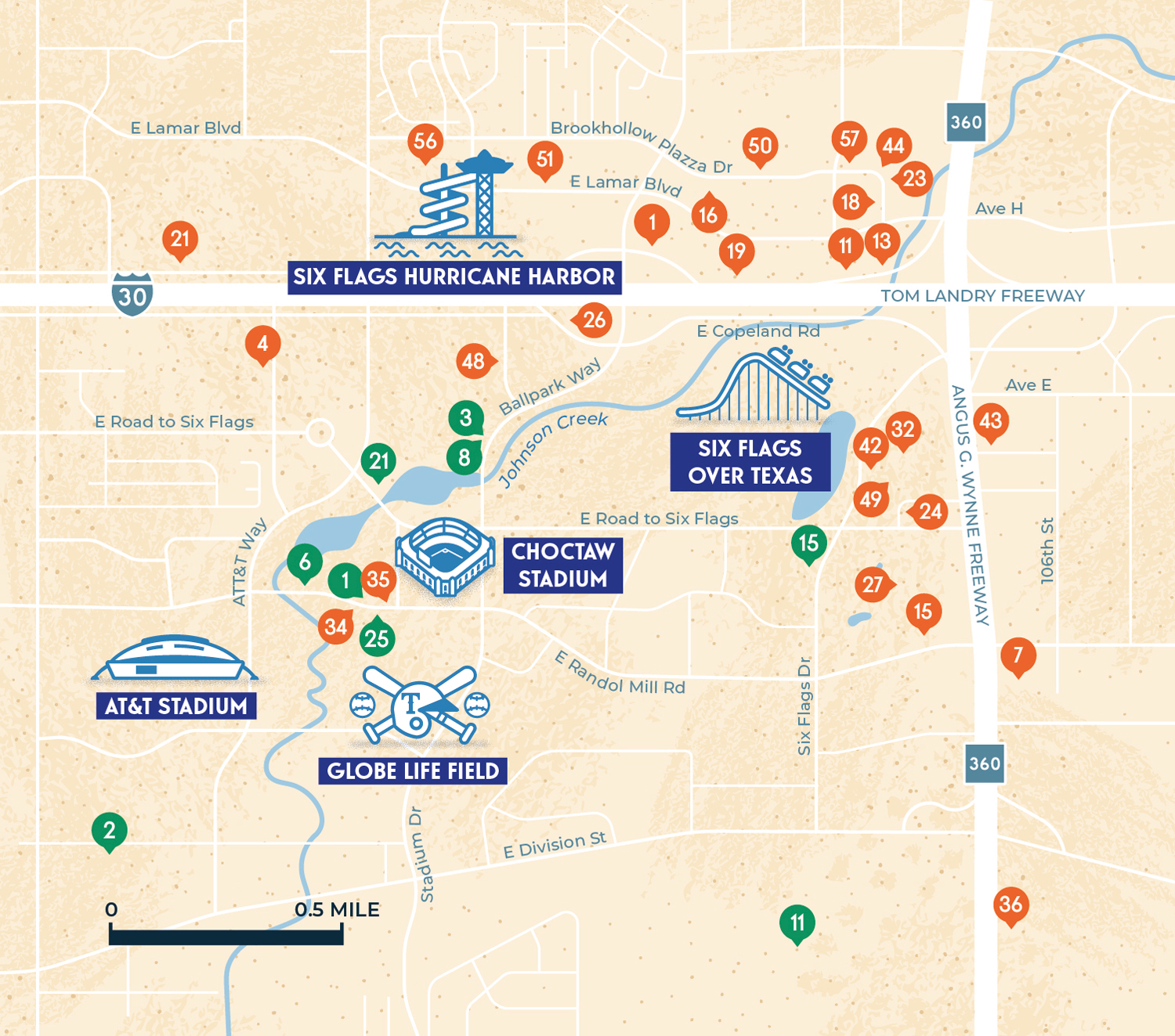 Map of North Arlingotn featuring the AT&T Stadium, Globe Life Field, Choctaw Stadium, Six Flags over Texas and Six Flags Hurricane Harbor.