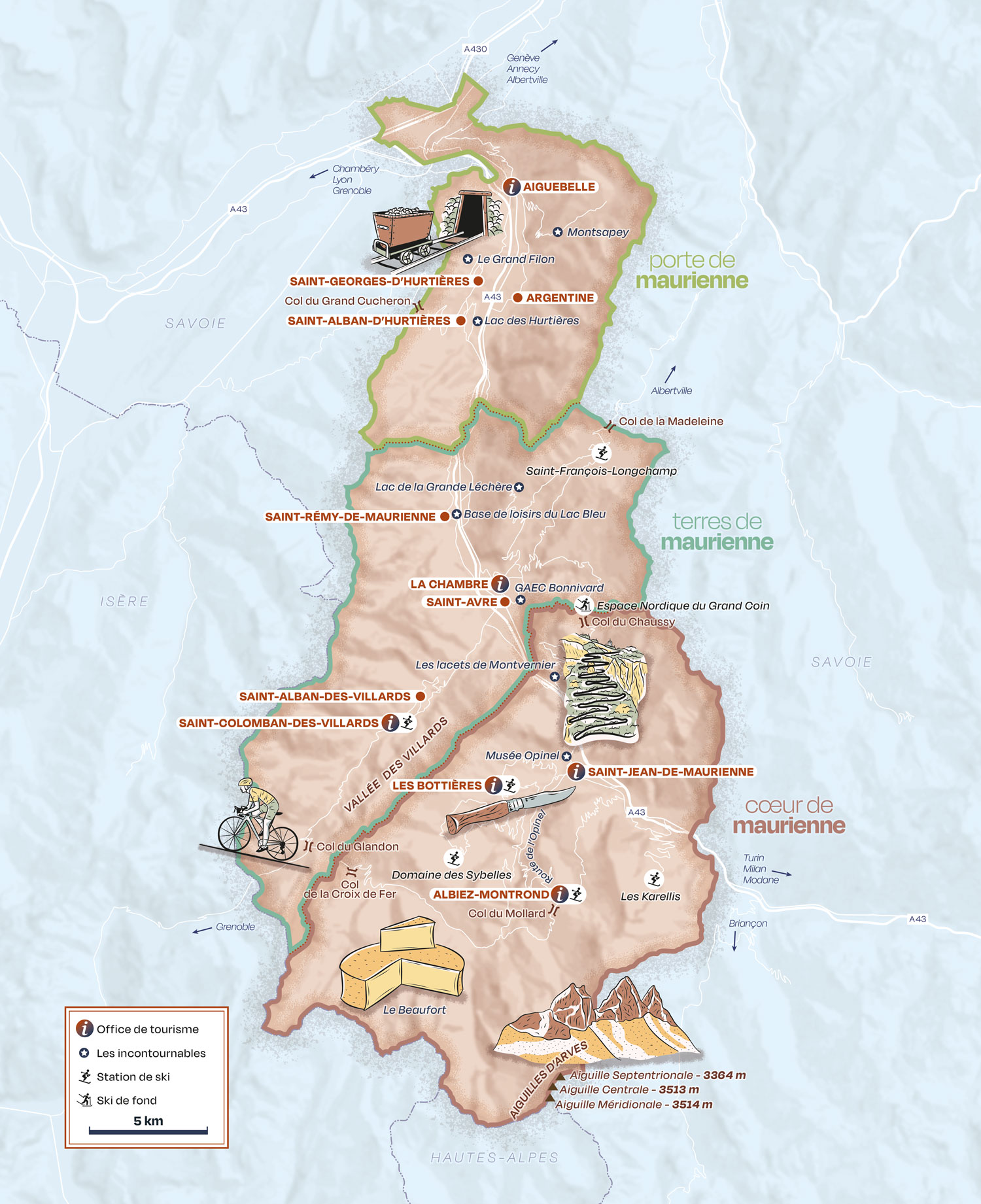 Illustrated map of the lower Maurienne Valley in the French Alps featuring illustrations, points of interest and visitors centers
