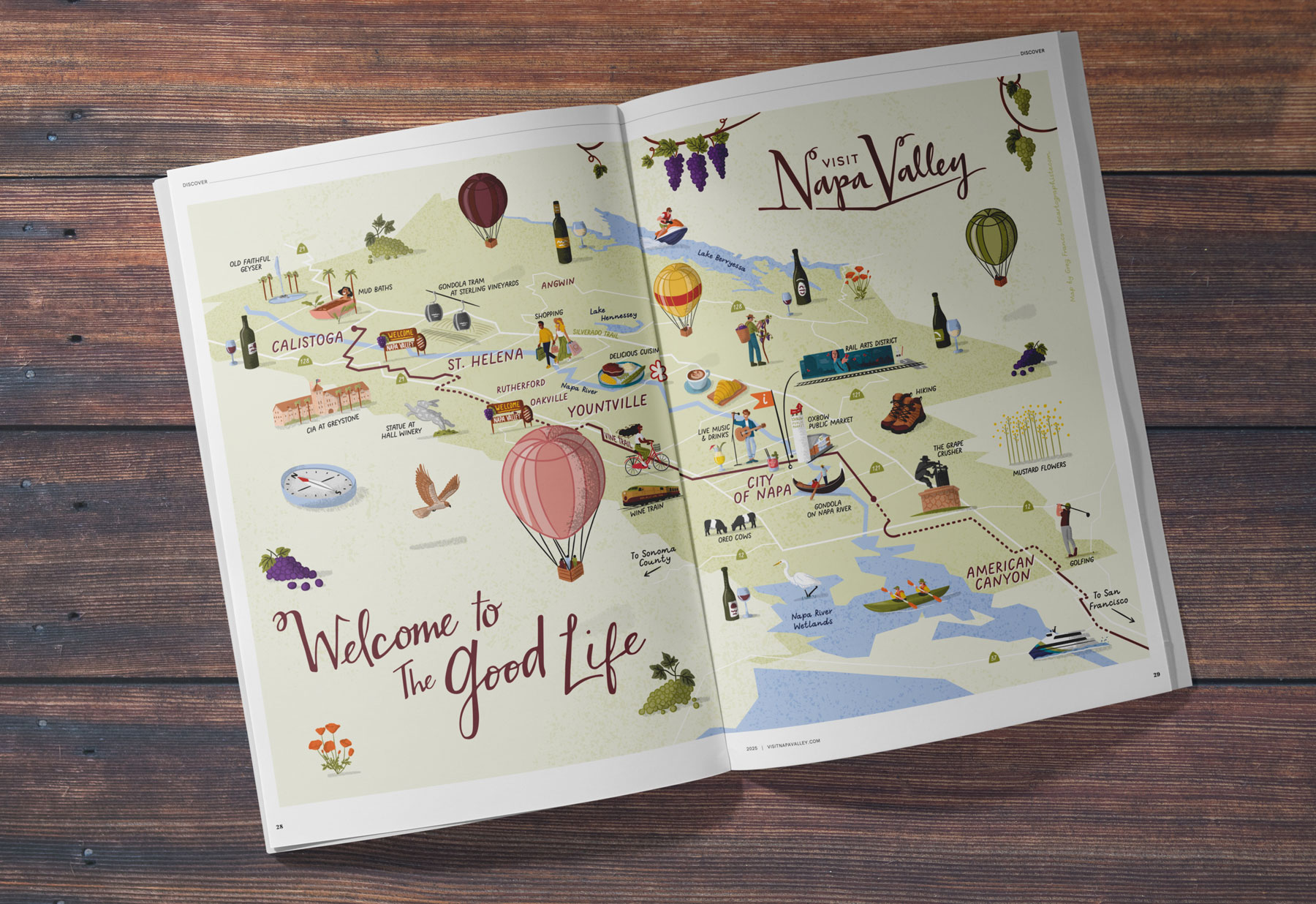 Header of the article on how illustrated maps help tourism brands inspire visitors. Represents a picture of a spread of the Visit Napa Valley visitors guide featuring a full illustrated map of the region