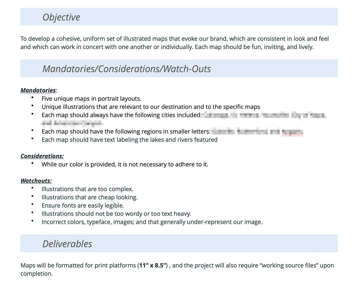 Example of a brief to create a set of illustrated maps mentioning the objectives, mandatory elements and deliverables
