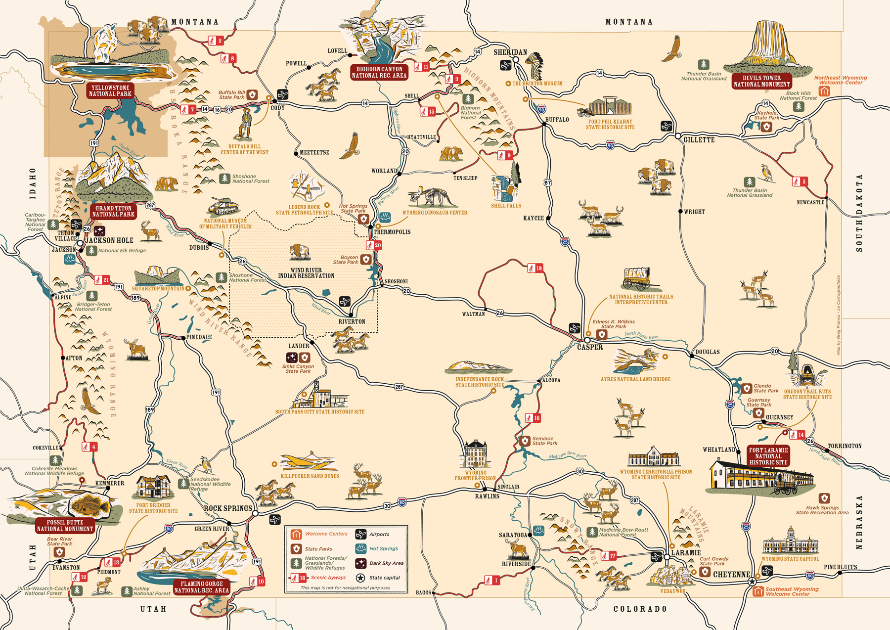 Tourist map of Wyoming for Travel Wyoming official 2026 travel guide showing the location of 80+ points of interest