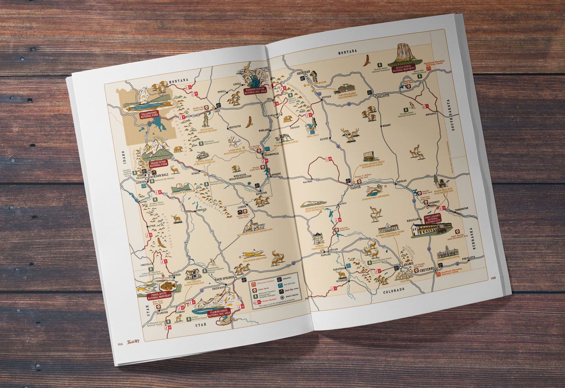 Spread page of the 2026 Travel Wyoming Travel Guide showing the illustrated map