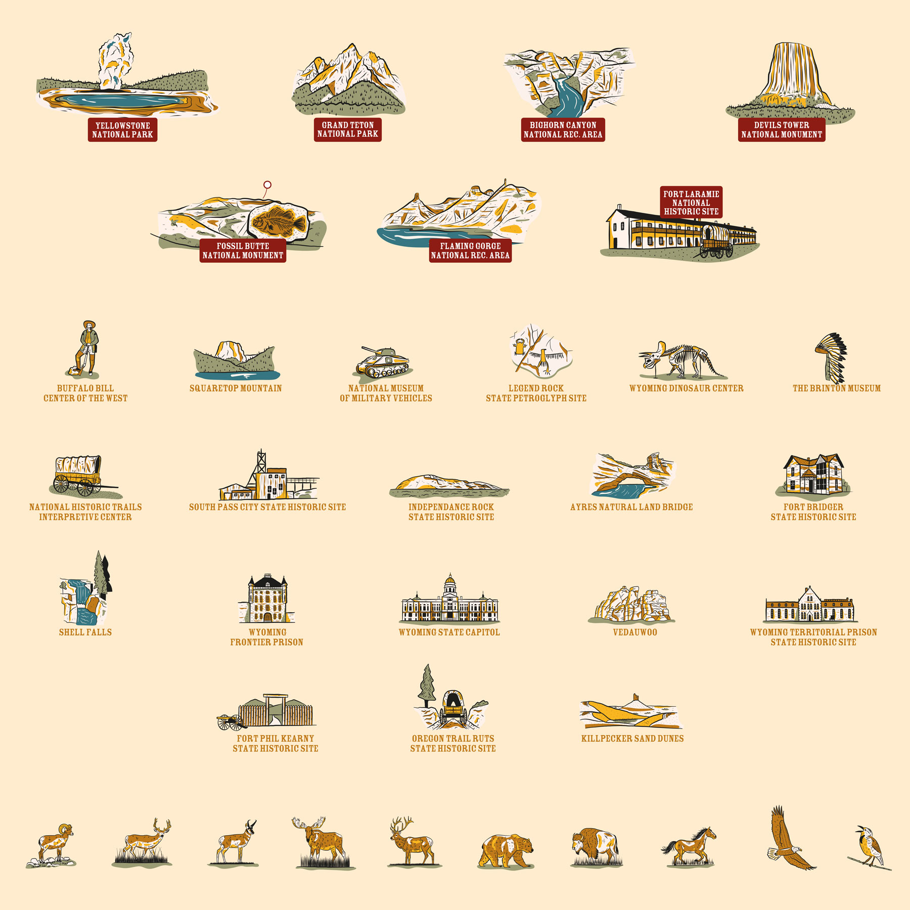 26 illustrations created for the illustrated map of Wyoming, representing National Parks, historic sites, landmarks, landscapes, museums and wildlife