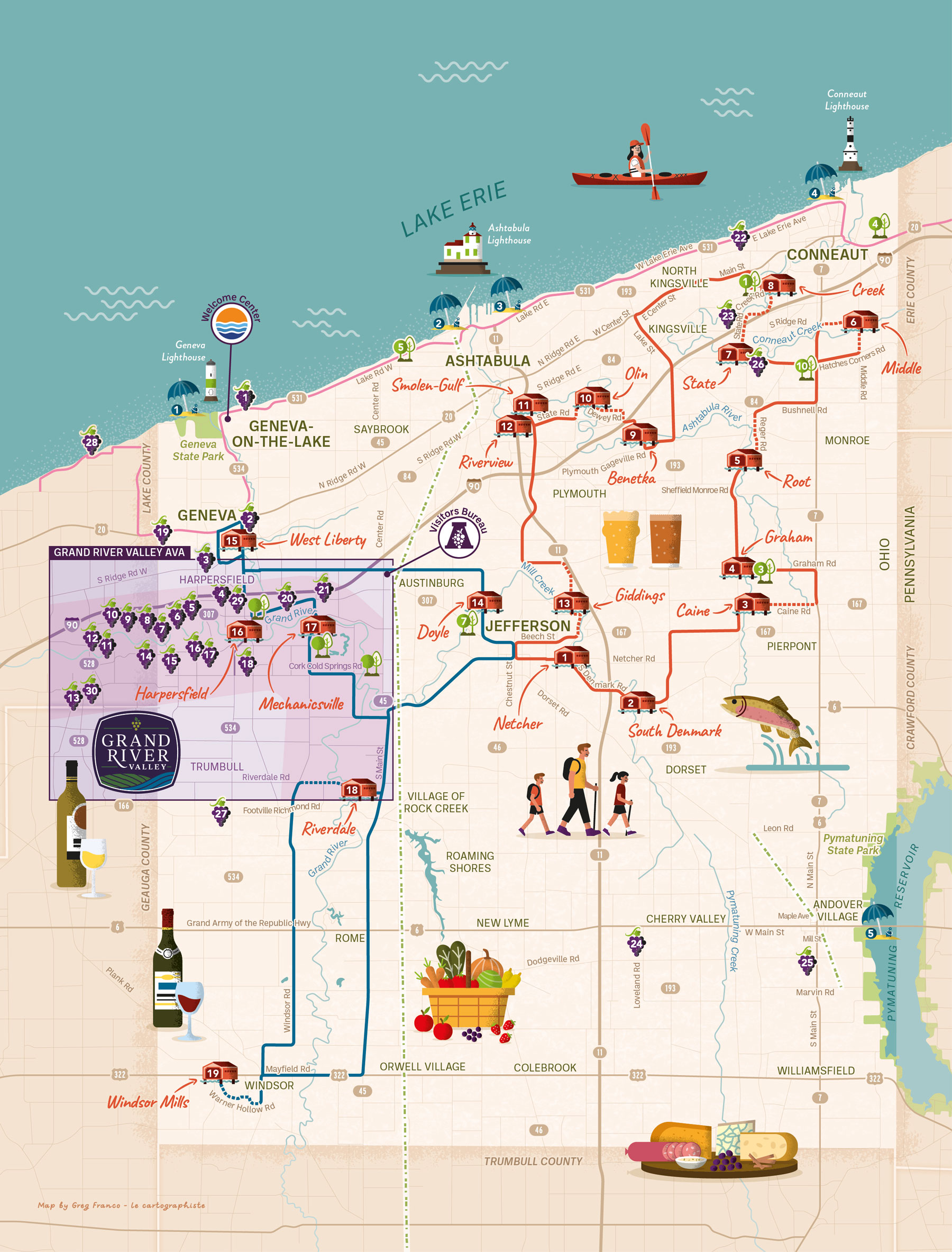 Illustrated map of Ashtabula County featuring 75 points of interest sorted into 6 categories, as well as driving tours and scenic byways