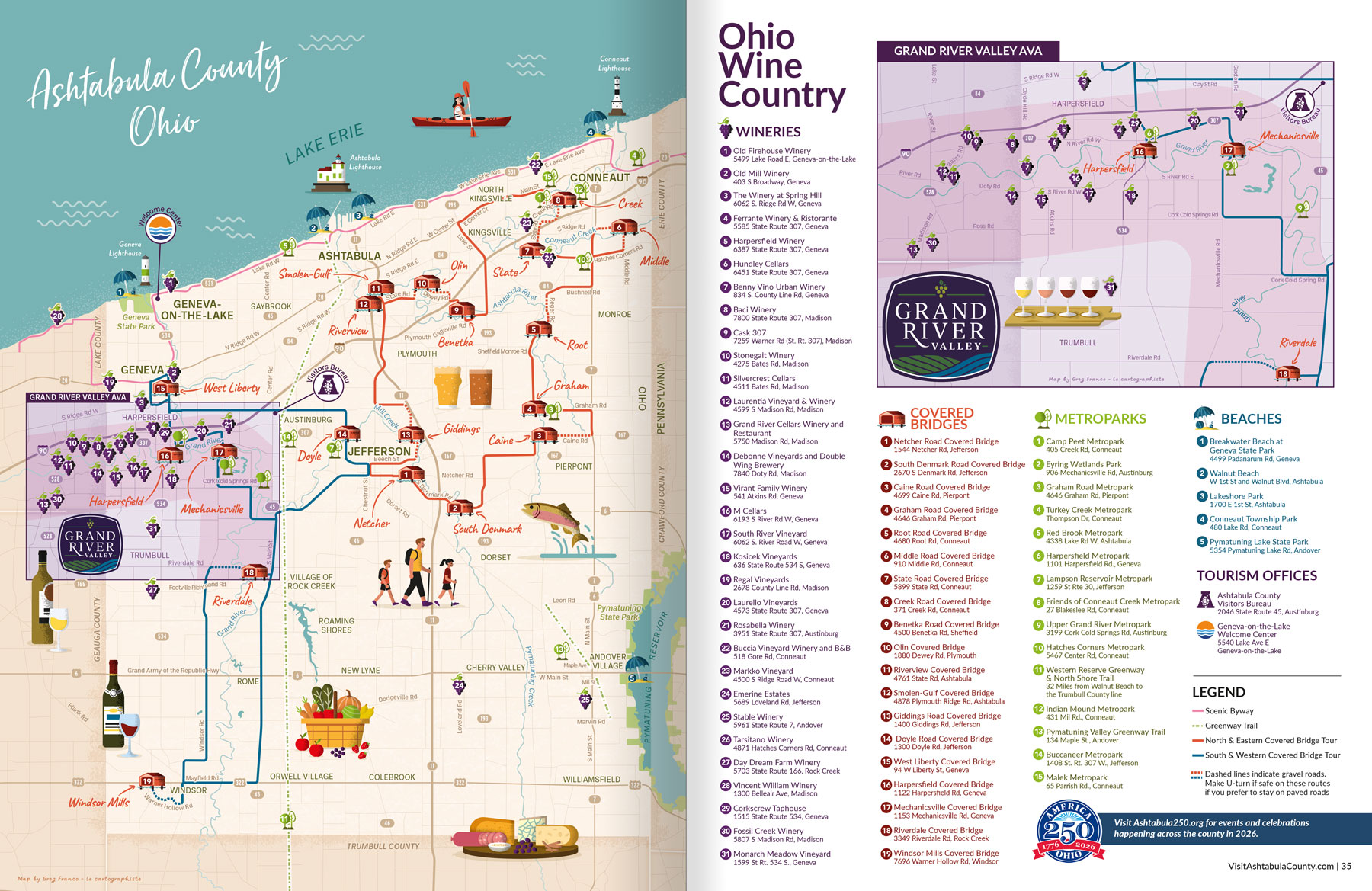 Spread Page of the Ohio Wine Country 2026 visitors guide featuring the Ashtabula County map on one side and the Great River Valley AVA zoomed-in inset on the other page